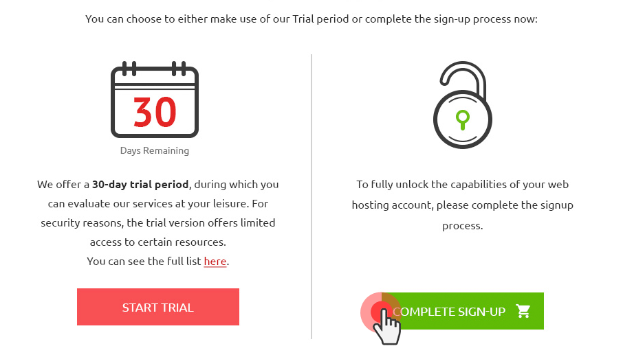 Free Trial Mode - available options select signup