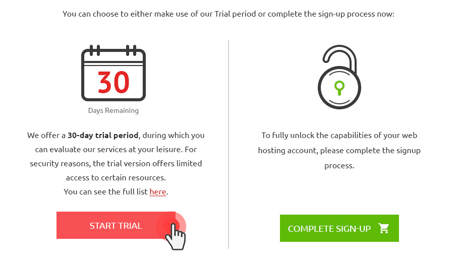 Free Trial Mode - available options select trial