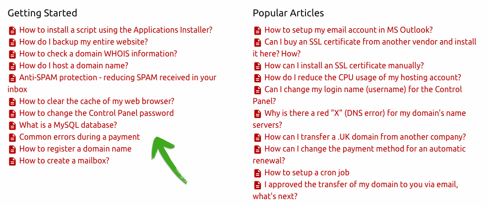 Hepsia Control Panel redesign - list of help articles