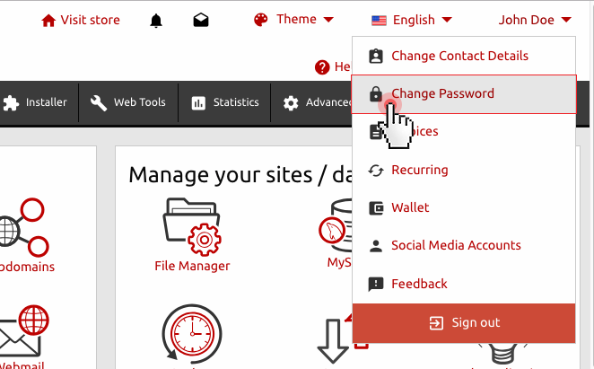 Hepsia Control Panel redesign - top right corner menu